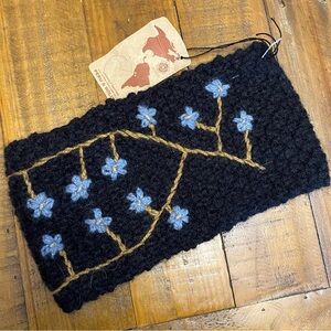 NWT Andes Gifts Alpaca Blend Floral Ear Warmer Headband Flowers Black Blue Knit
